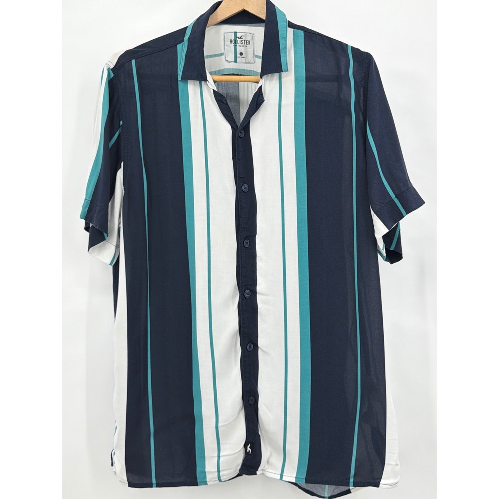 Hollister Mens L Short Sleeve Button Up Shirt Blue Stripes Casual Camp Bowling